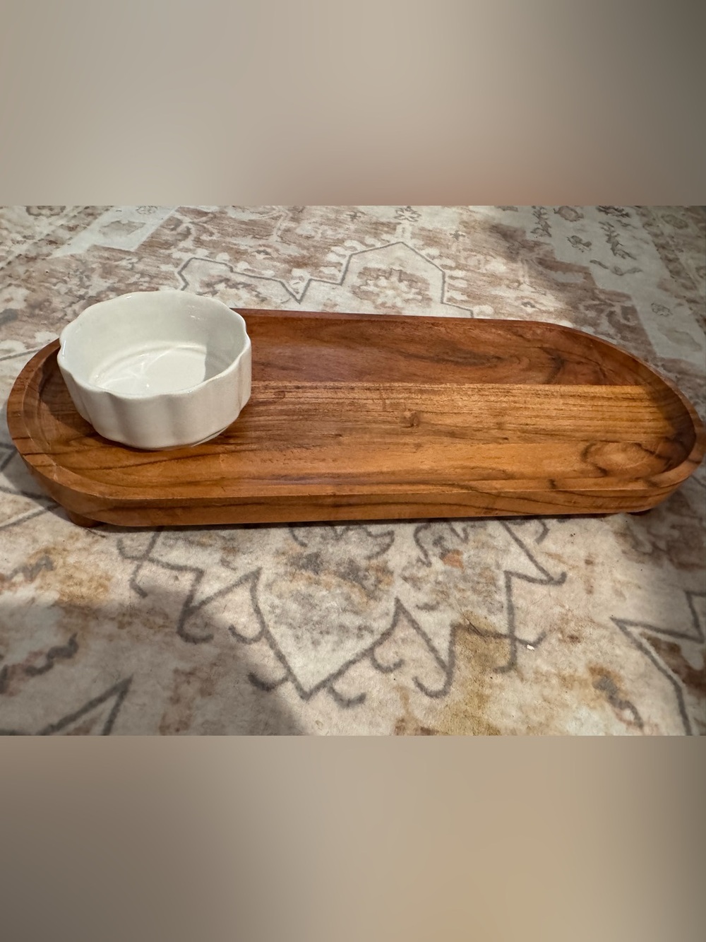 Solid Wood Serving Board with Small Ceramic Bowl
